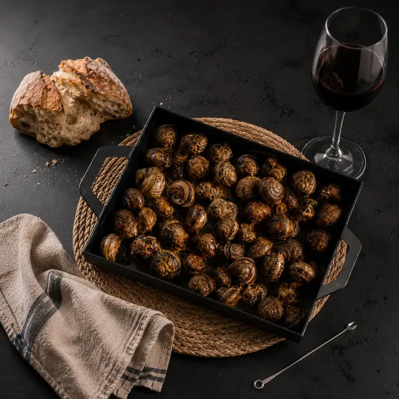 Lumache alla Vega con pane di campagna e vino rosso da deVega Poblenou