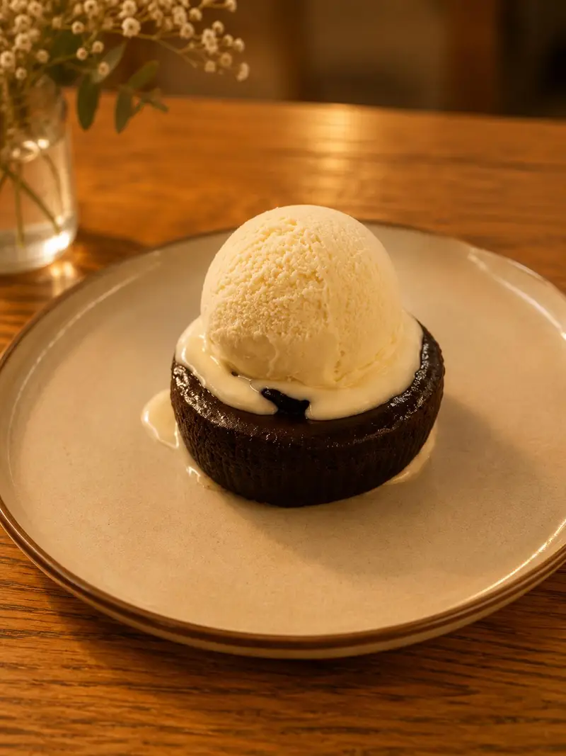 Coulant al cioccolato caldo con gelato alla vaniglia, un dolce da deVega Poblenou