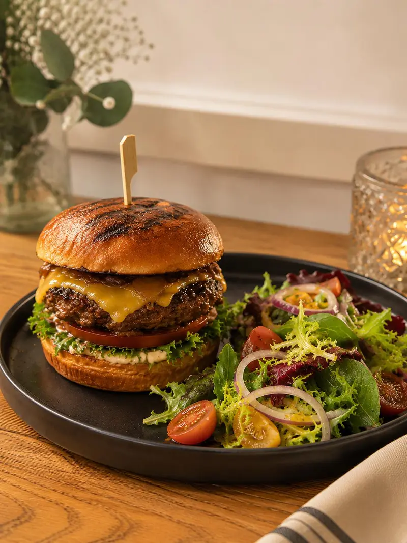 Hamburger di manzo premium di deVega con insalata di mercato a Poblenou