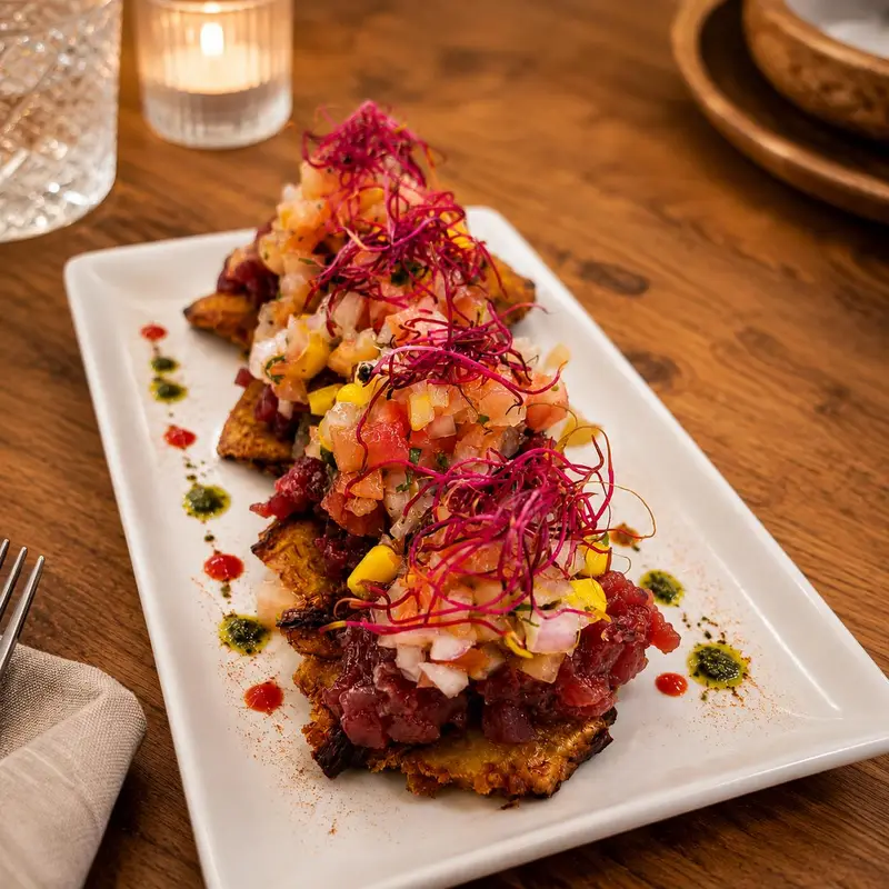 Patacón (platano fritto) con tartare di tonno rosso da deVega Poblenou
