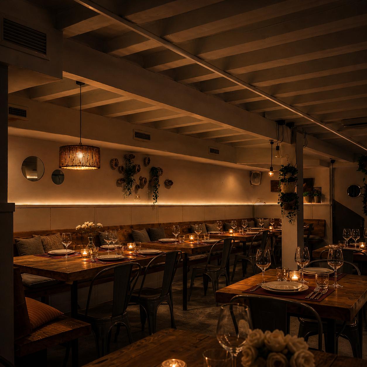 Sala principal del restaurante deVega Poblenou con mesas largas