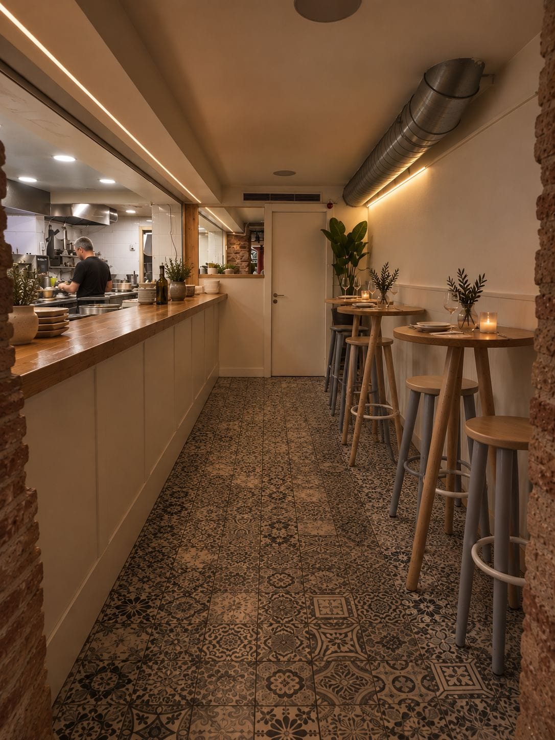 Salle attenante à la cuisine du restaurant deVega, avec vue sur le passe
